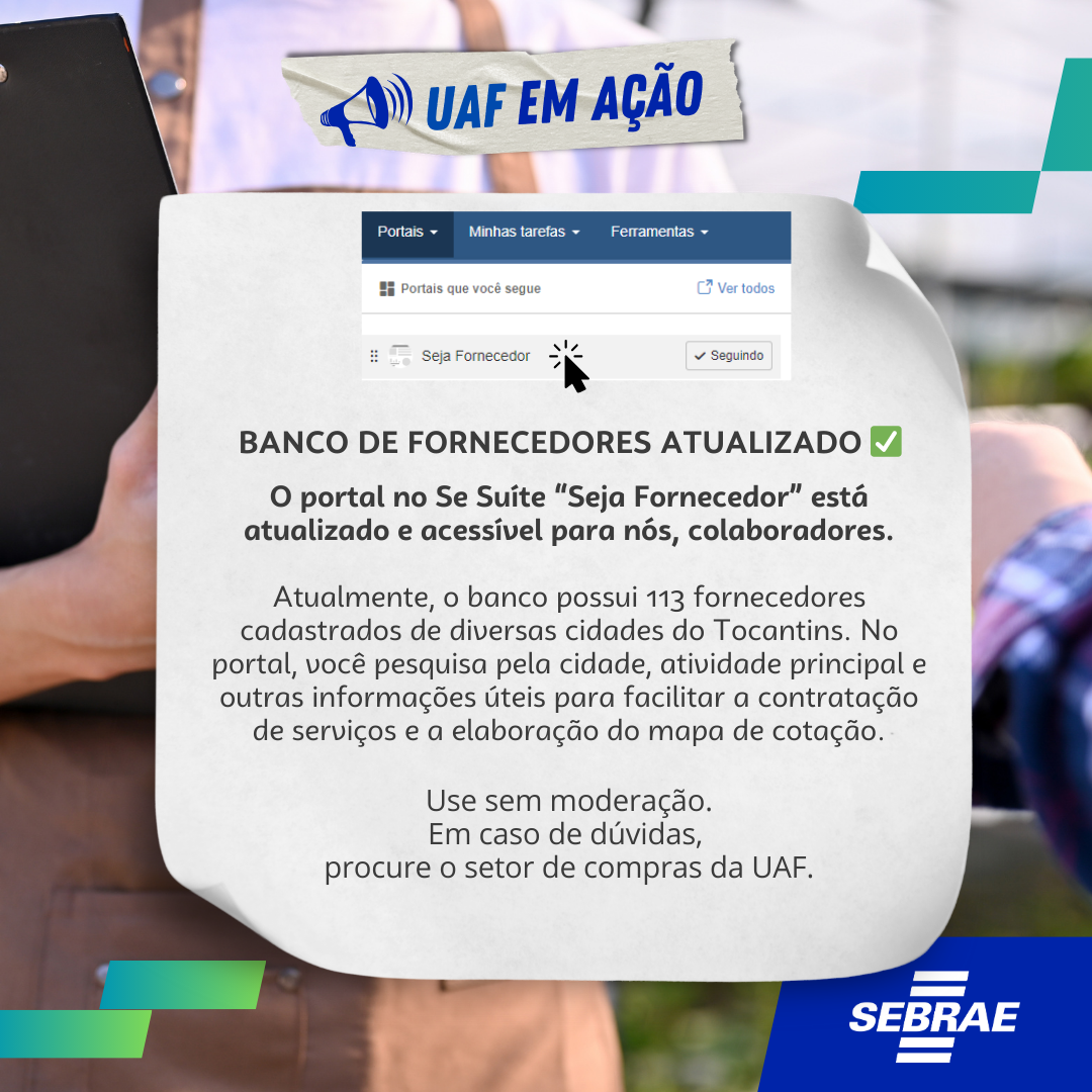 Sebrae Tocantins atualiza link da campanha “Seja Fornecedor Sebrae”